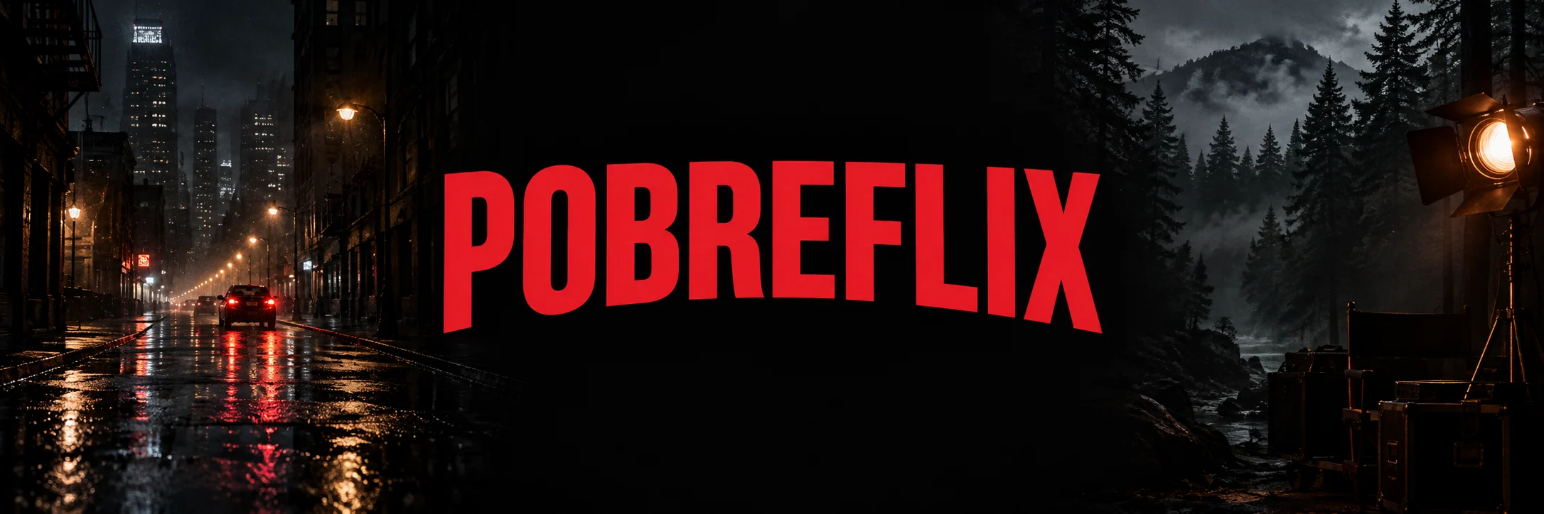 Pobreflix em vermelho entre uma cidade à noite e uma floresta de cinema